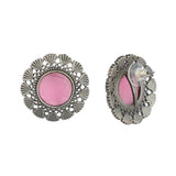 Antique Elegance Round Cut Stone Adorned Brass Silver Plated Stud Earrings