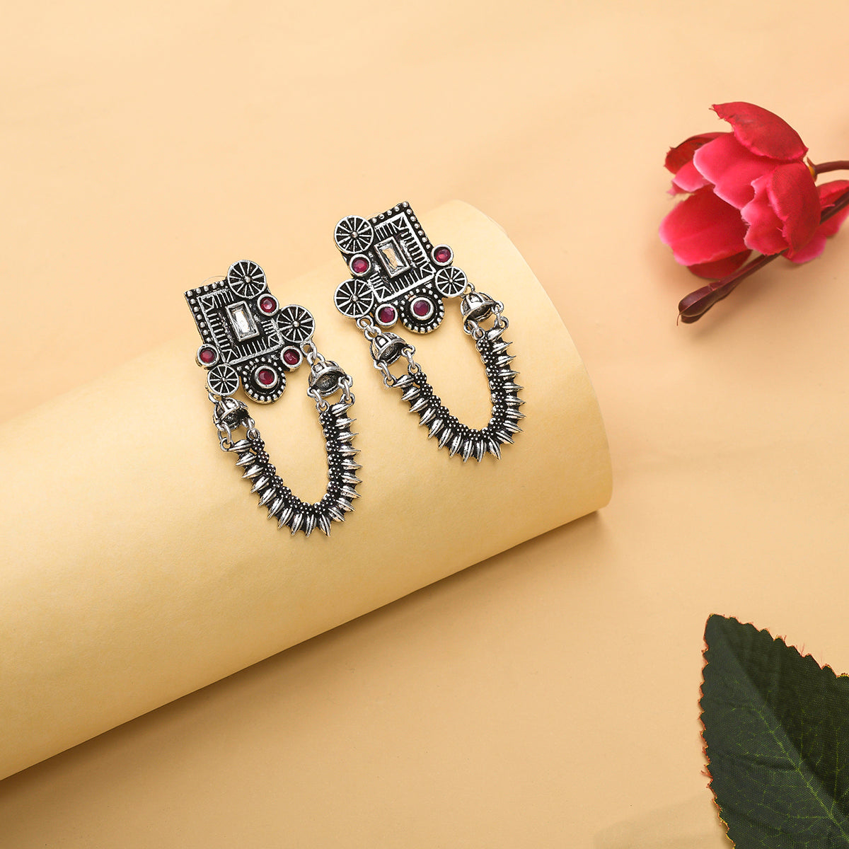 Antique Elegance Temple Design Brass Lightly Embellished Silver Plated Drop Earrings