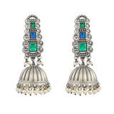 Antique Elegance Emerald Cut Faux Kundan and Pearls Brass Silver Plated Jhumka Earrings