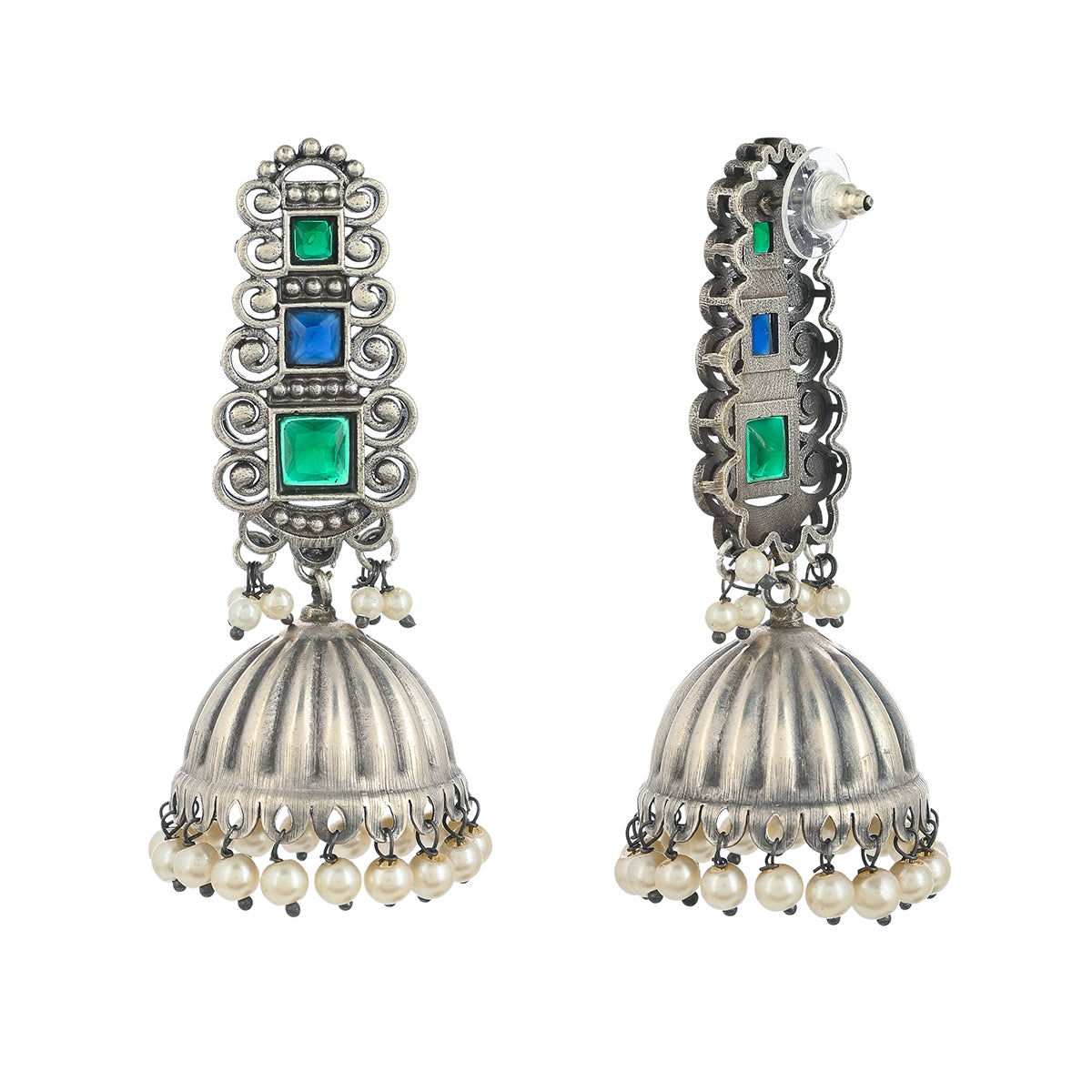 Antique Elegance Emerald Cut Faux Kundan and Pearls Brass Silver Plated Jhumka Earrings