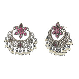 Antique Elegance Faux Pearls and Kundan Filigree Design Silver Plated Brass Earrings