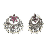 Antique Elegance Faux Pearls and Kundan Filigree Design Silver Plated Brass Earrings
