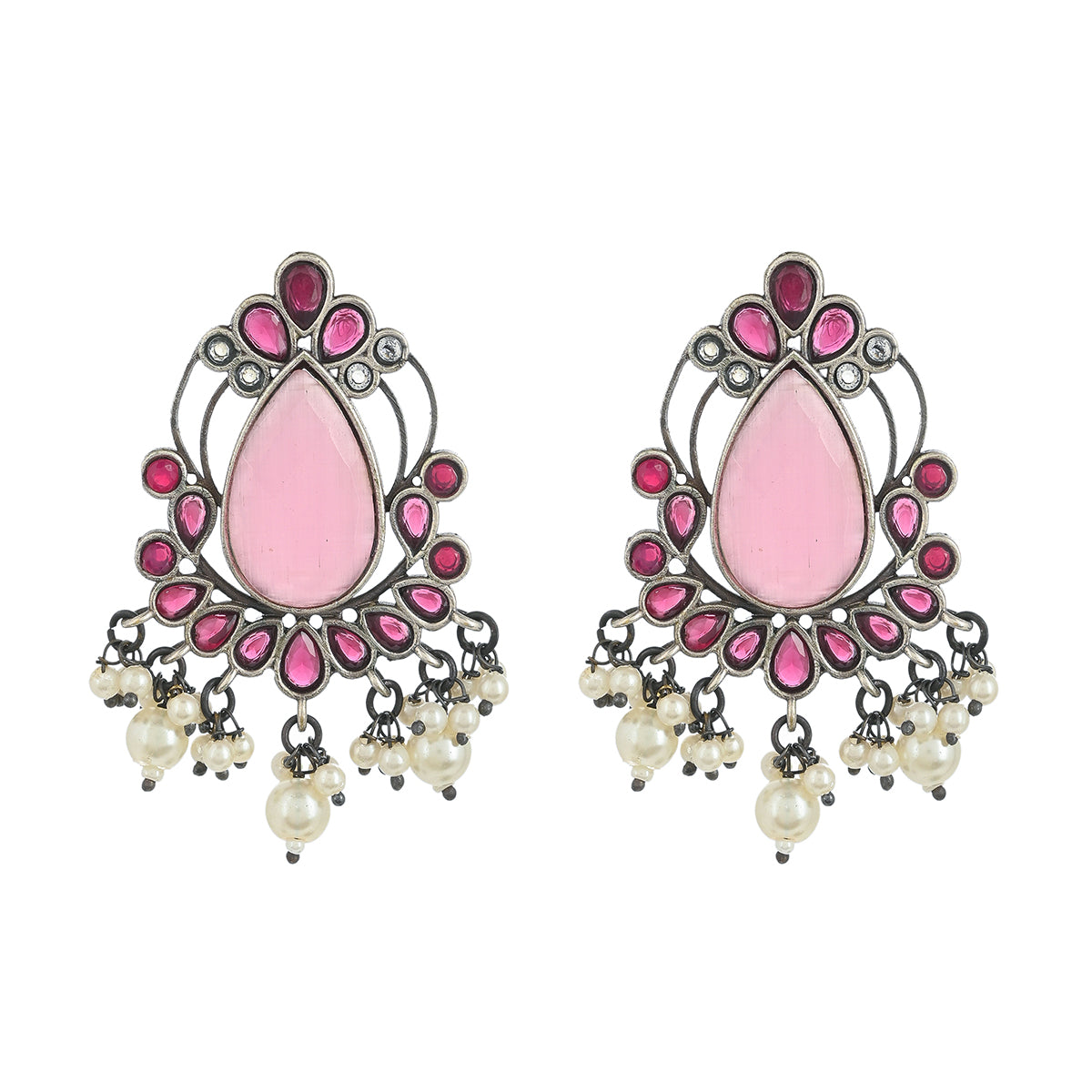 Antique Elegance Pink Teardrop Faux Kundan and Pearls Brass Silver Plated Earrings