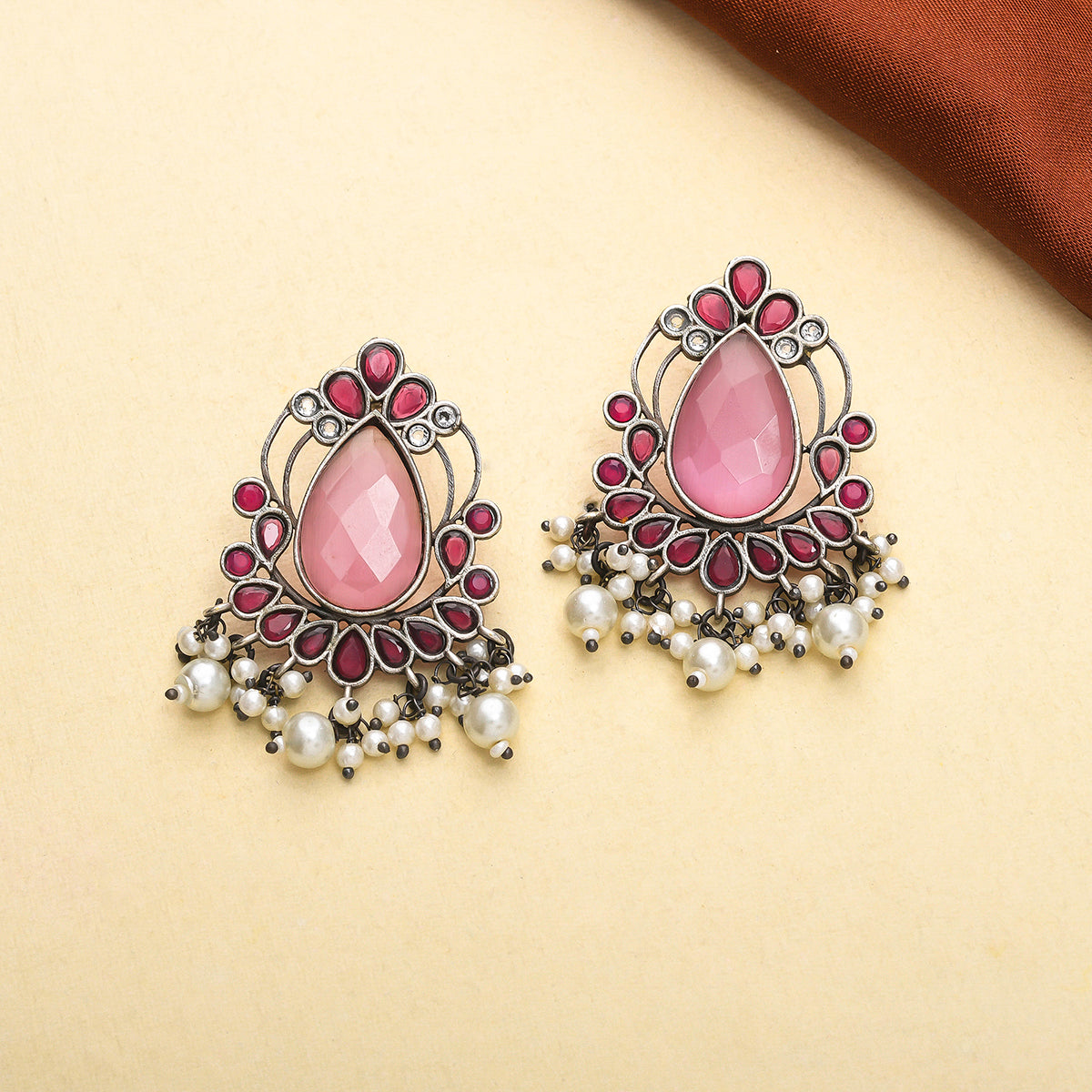 Antique Elegance Pink Teardrop Faux Kundan and Pearls Brass Silver Plated Earrings