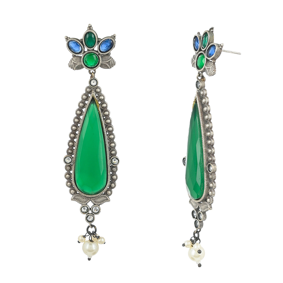 Antique Elegance Teardrop Green Gems and Faux Pearls Silver Plated Brass Earrings