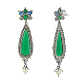 Antique Elegance Teardrop Green Gems and Faux Pearls Silver Plated Brass Earrings