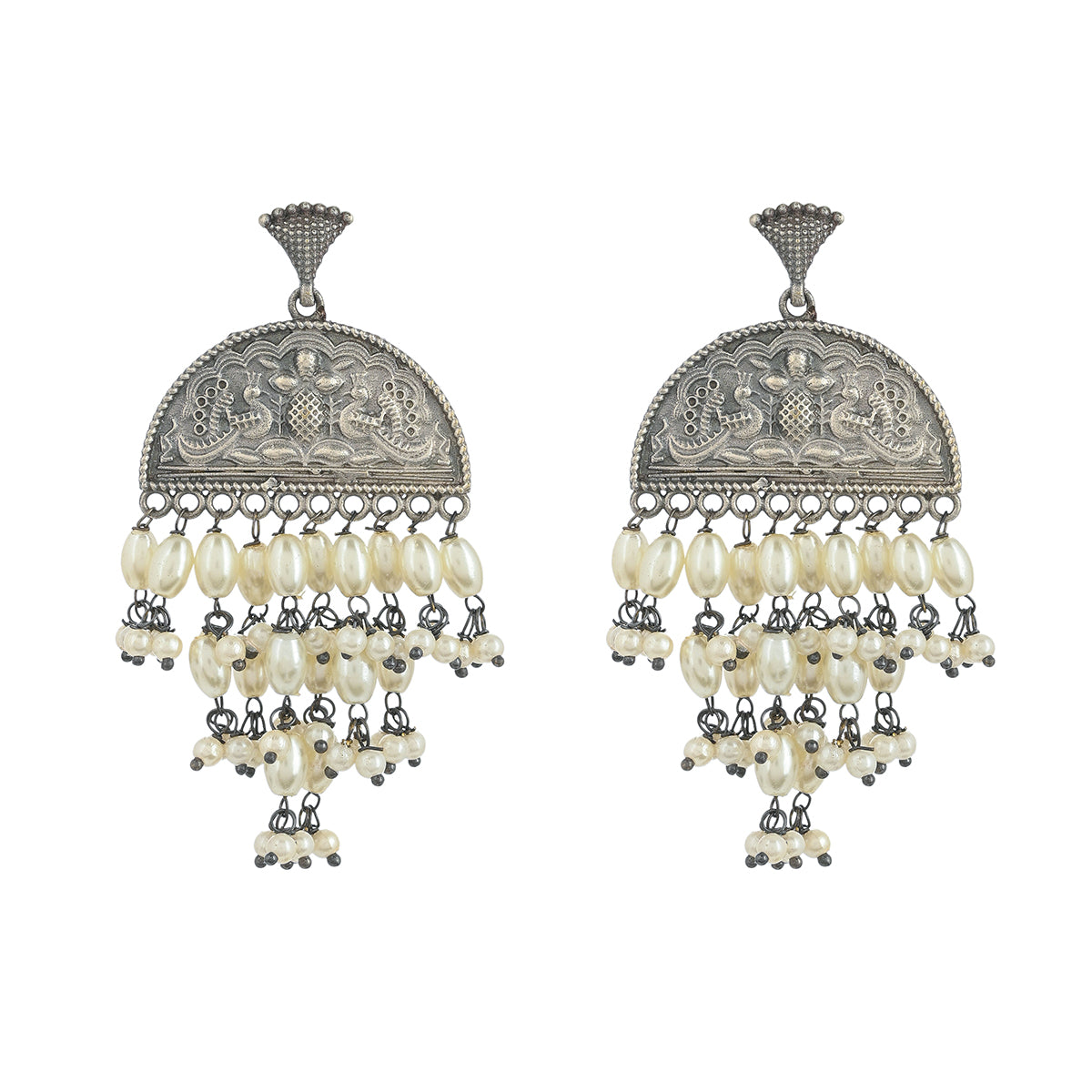Antique Elegance Brass Faux Pearls Adorned Oxidised Silver Plated Drop Earrings