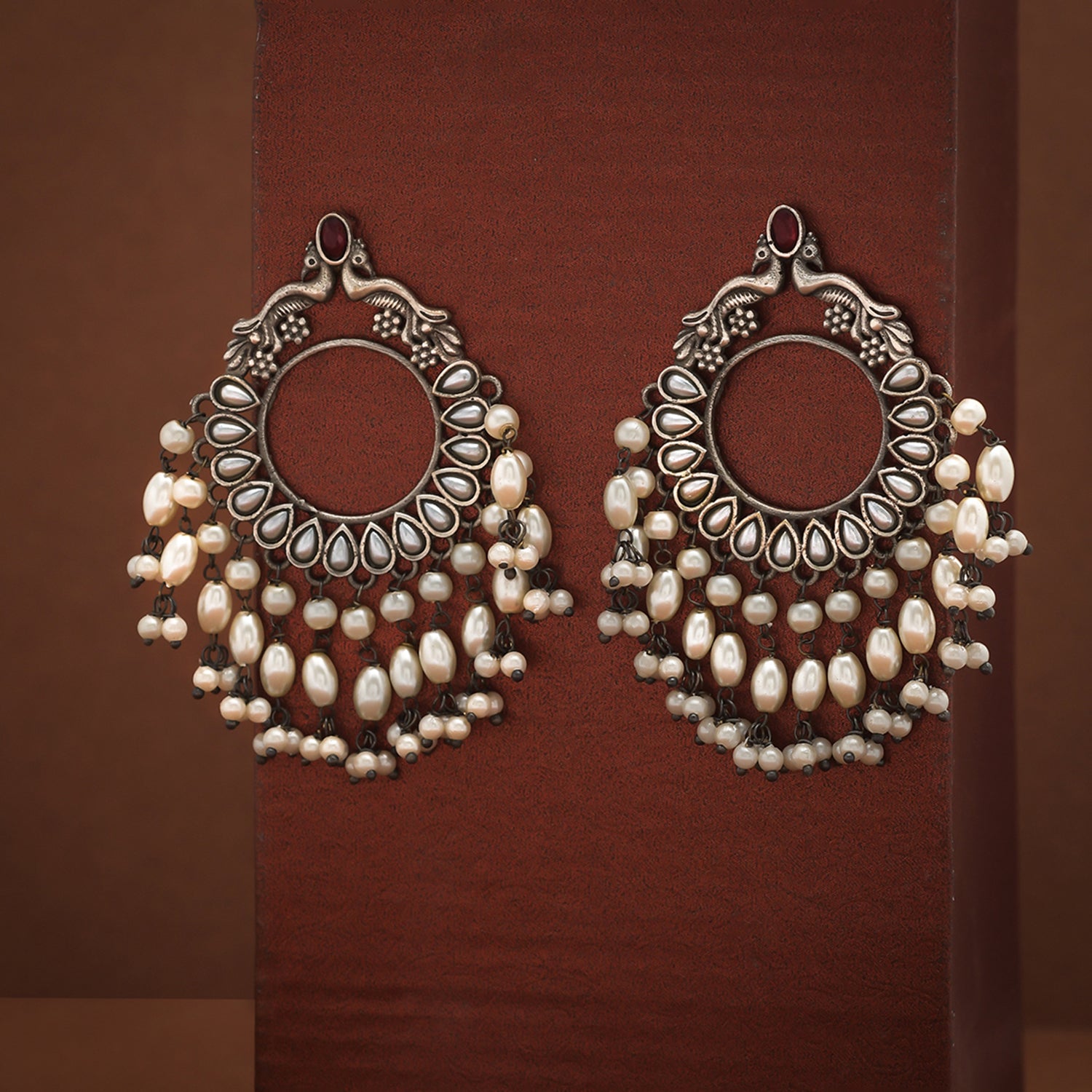 Antique Elegance Peacock Motif Faux Pearls Brass Oxidised Silver Plated Earrings