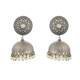 Antique Elegance Floral Motif Faux Pearls Brass Silver Plated Jhumka Earrings