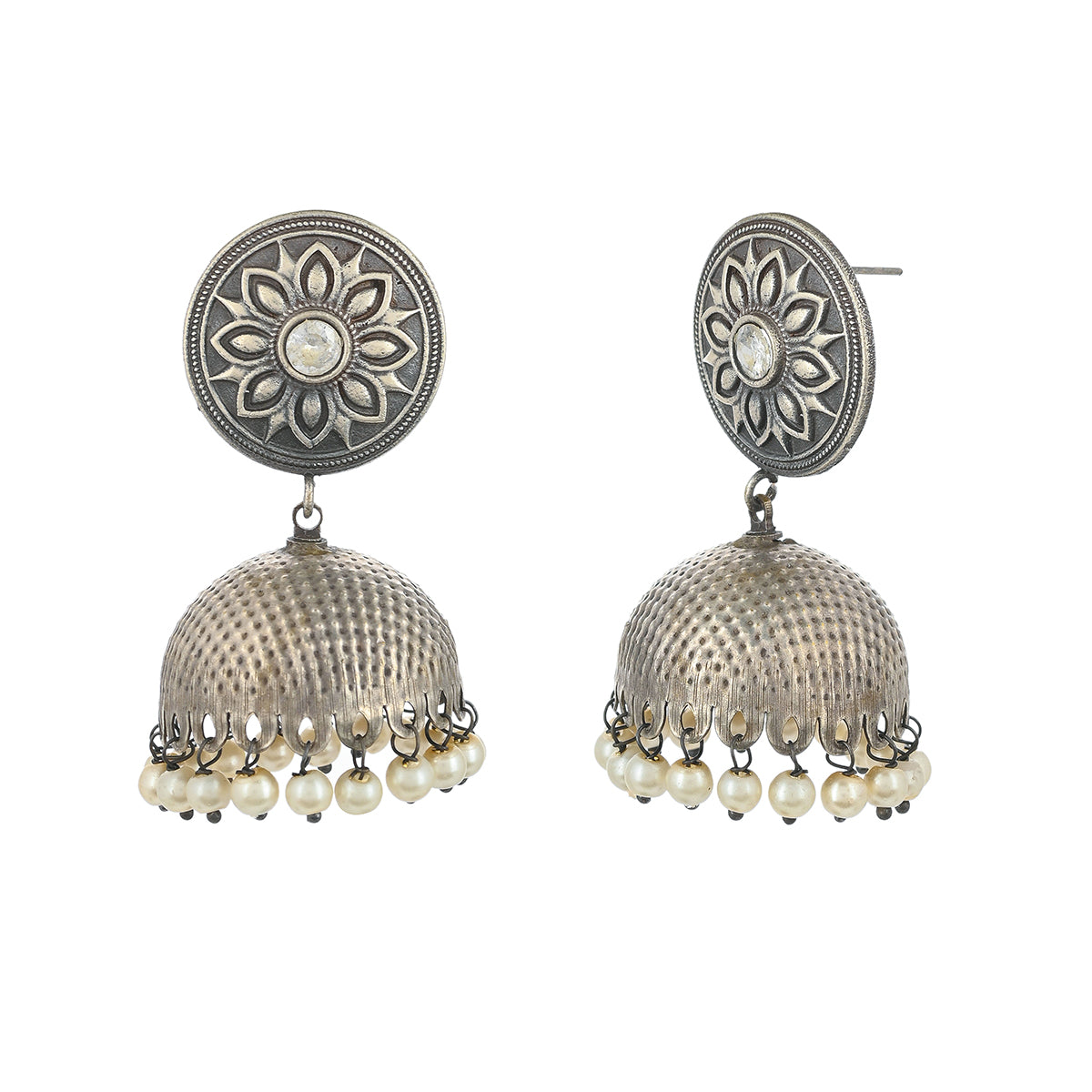 Antique Elegance Floral Motif Faux Pearls Brass Silver Plated Jhumka Earrings