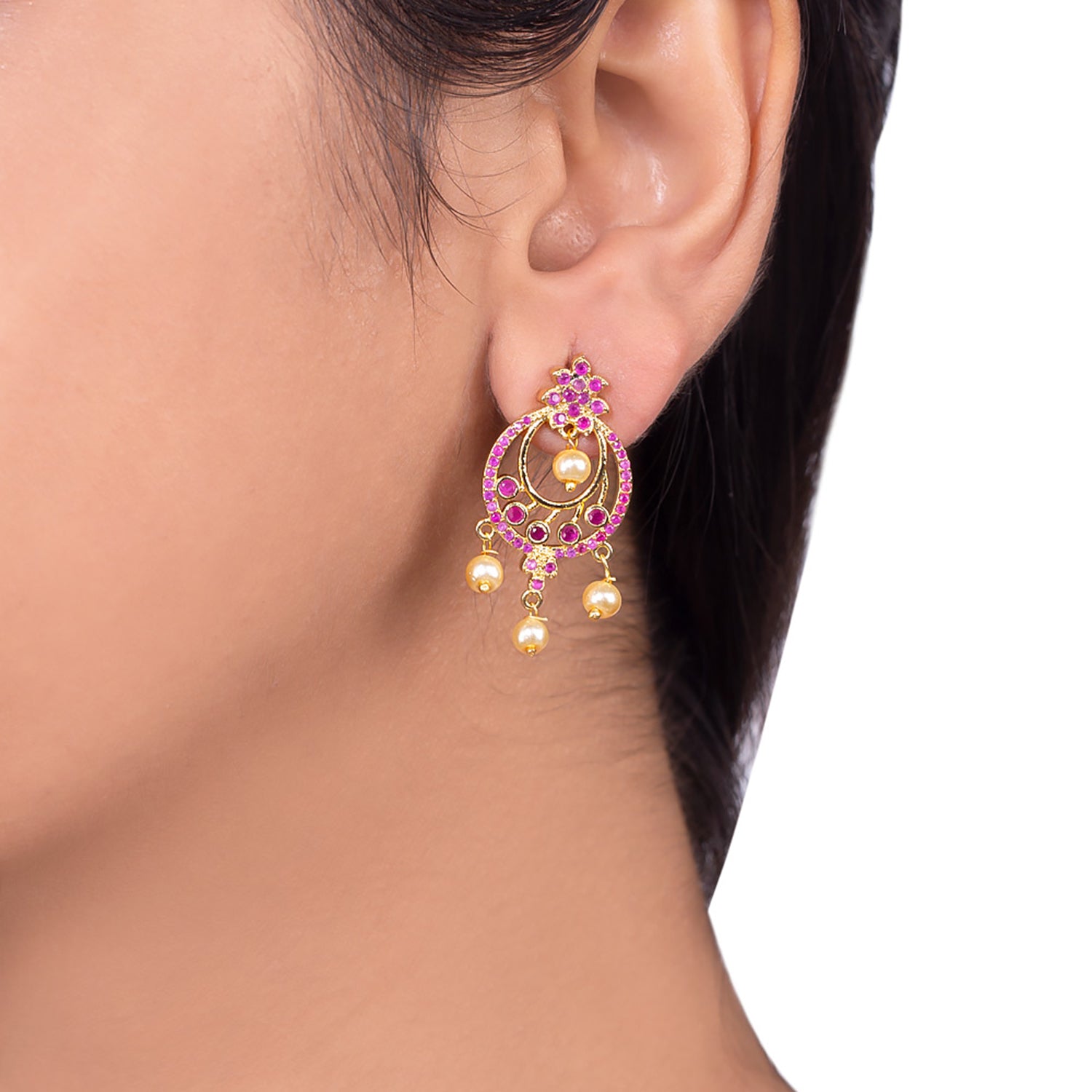 Coloured CZ Gems and Faux Pearls Earrings