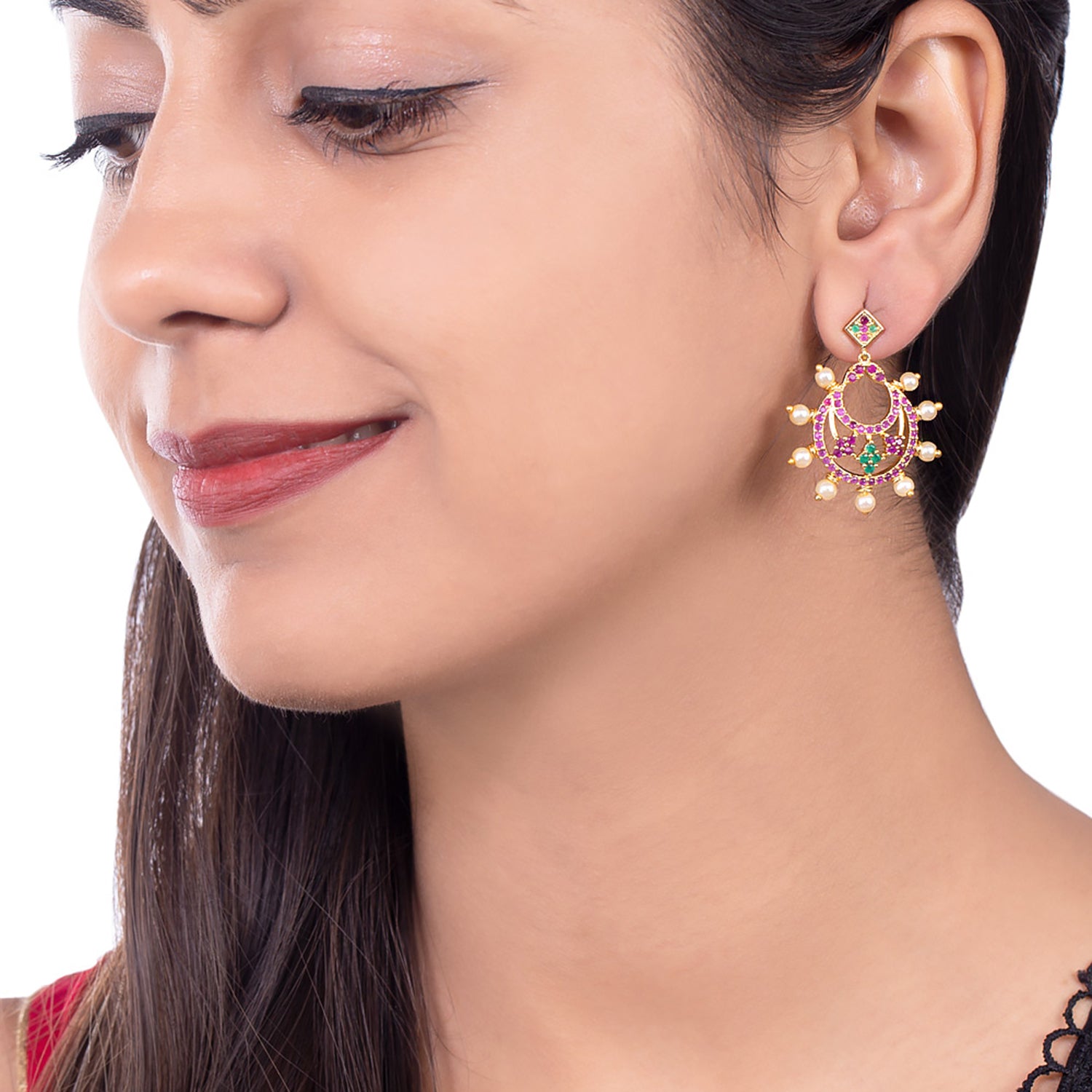 Faux Pearls and Zircon Gems Chandbali Earrings