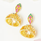 American Diamond CZ Traditional Gold Plated Red & Green Brass Jhumka Earrings for Women