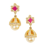 CZ Traditional Gold Plated Red & White Jhumka Earrings