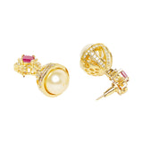CZ Traditional Gold Plated Red & White Jhumka Earrings