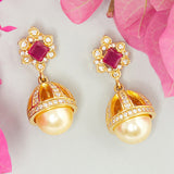 CZ Traditional Gold Plated Red & White Jhumka Earrings
