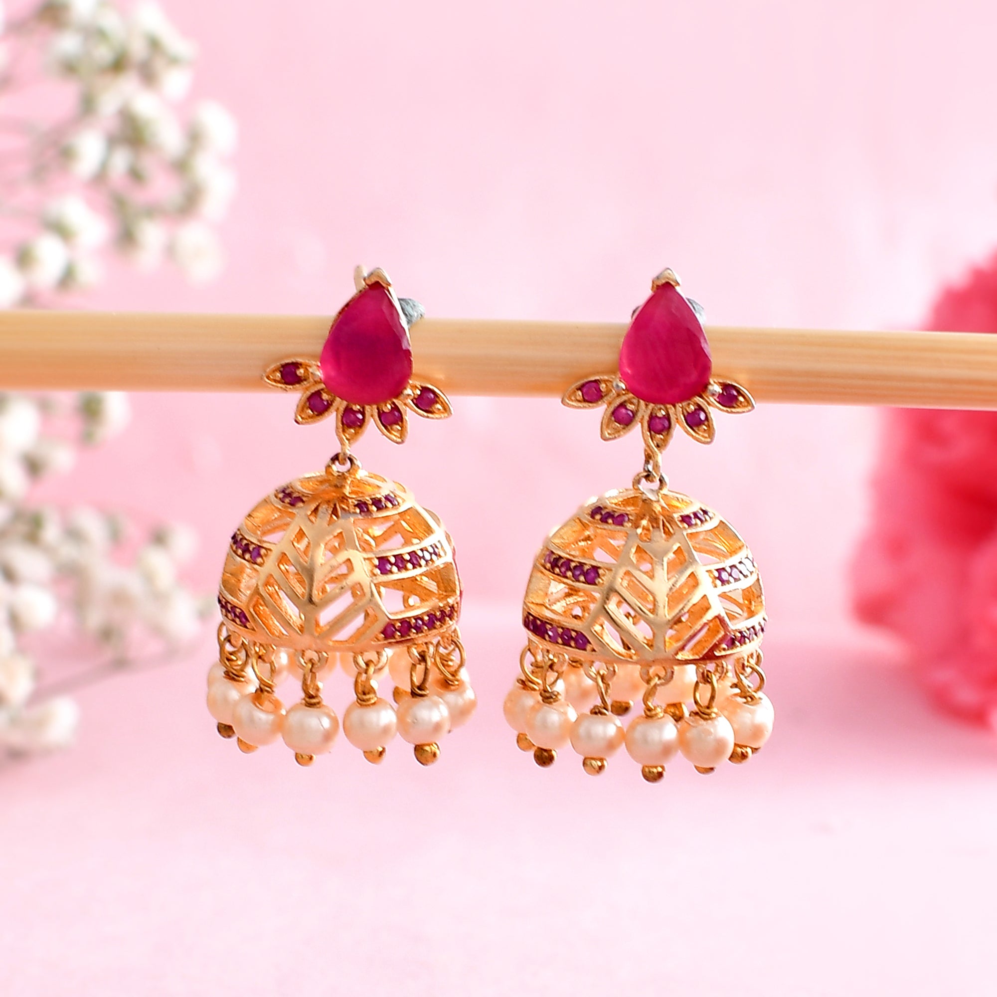 Red Drop Gold Toned Pearl Studded Earrings