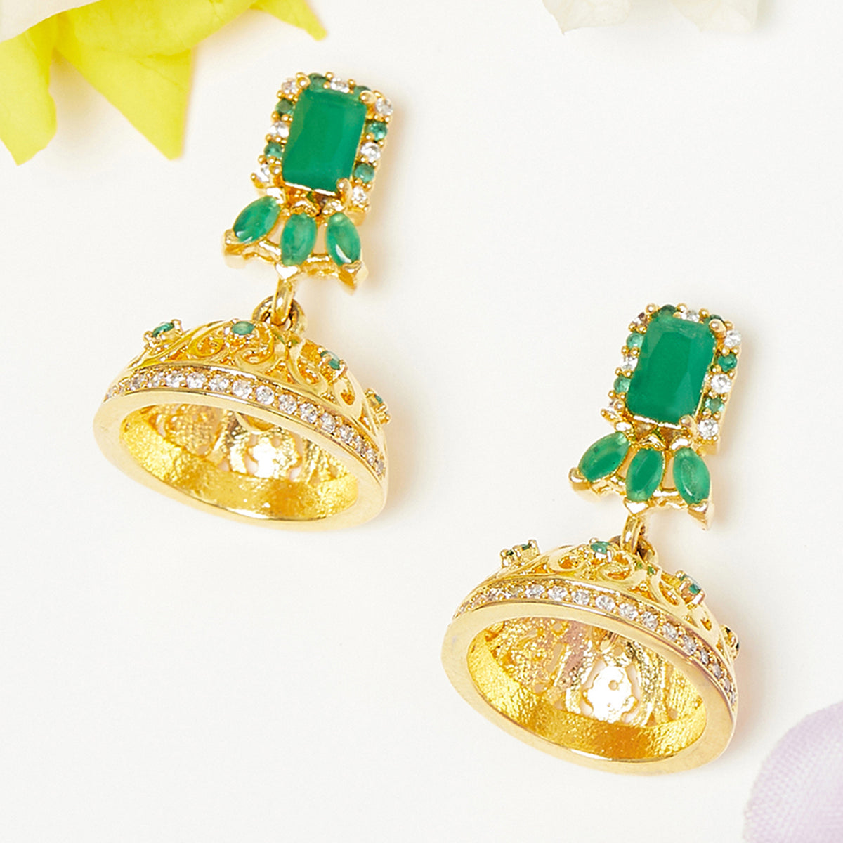 American Diamond CZ Traditional Gold Plated Green & White Brass Jhumka Earrings for Women