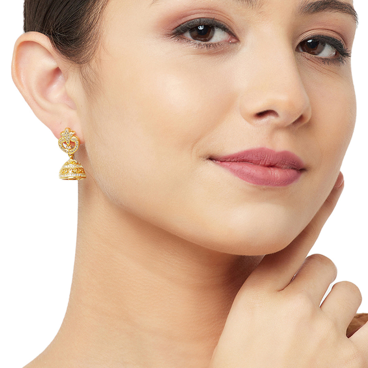 CZ Traditional Gold Plated White Jhumka Earrings