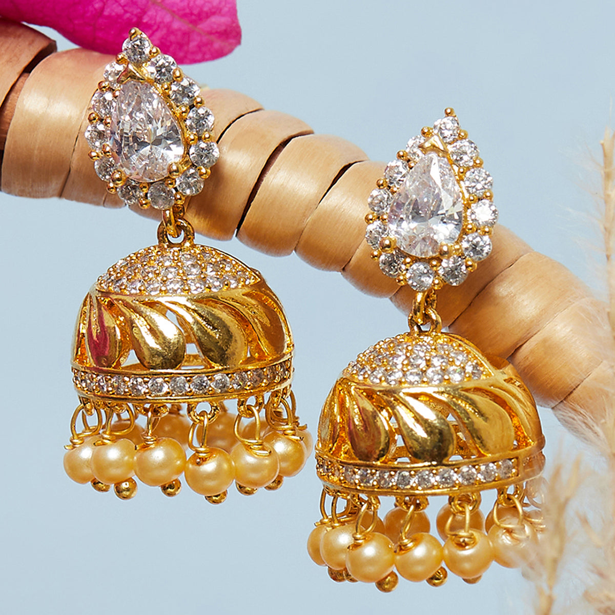 Buy Voylla Brass Silver Oxidised Plating Pink Embellishments Jhumka Earrings  with Pearl Beads online