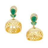 American Diamond CZ Traditional Gold Plated Green & White Brass Jhumka Earrings for Women