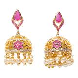 American Diamond CZ Traditional Gold Plated Red & White Brass Jhumka Earrings for Women