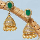 American Diamond CZ Traditional Gold Plated Green & White Brass Jhumka Earrings for Women