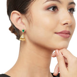 American Diamond CZ Traditional Gold Plated Green & White Brass Jhumka Earrings for Women