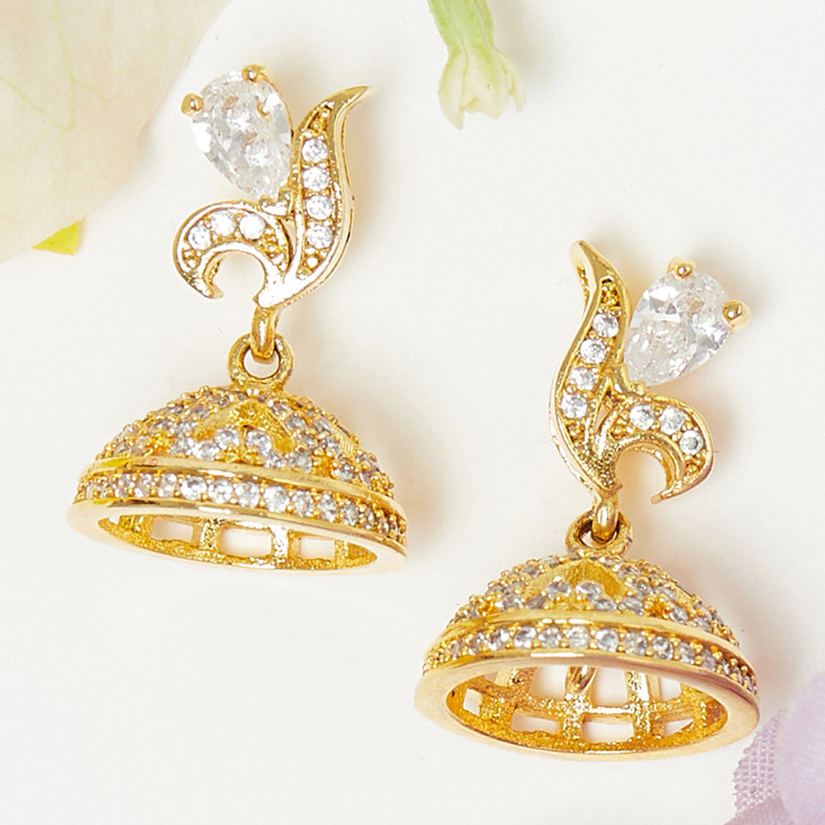 CZ Traditional Gold Plated White Jhumka Earrings – VOYLLA
