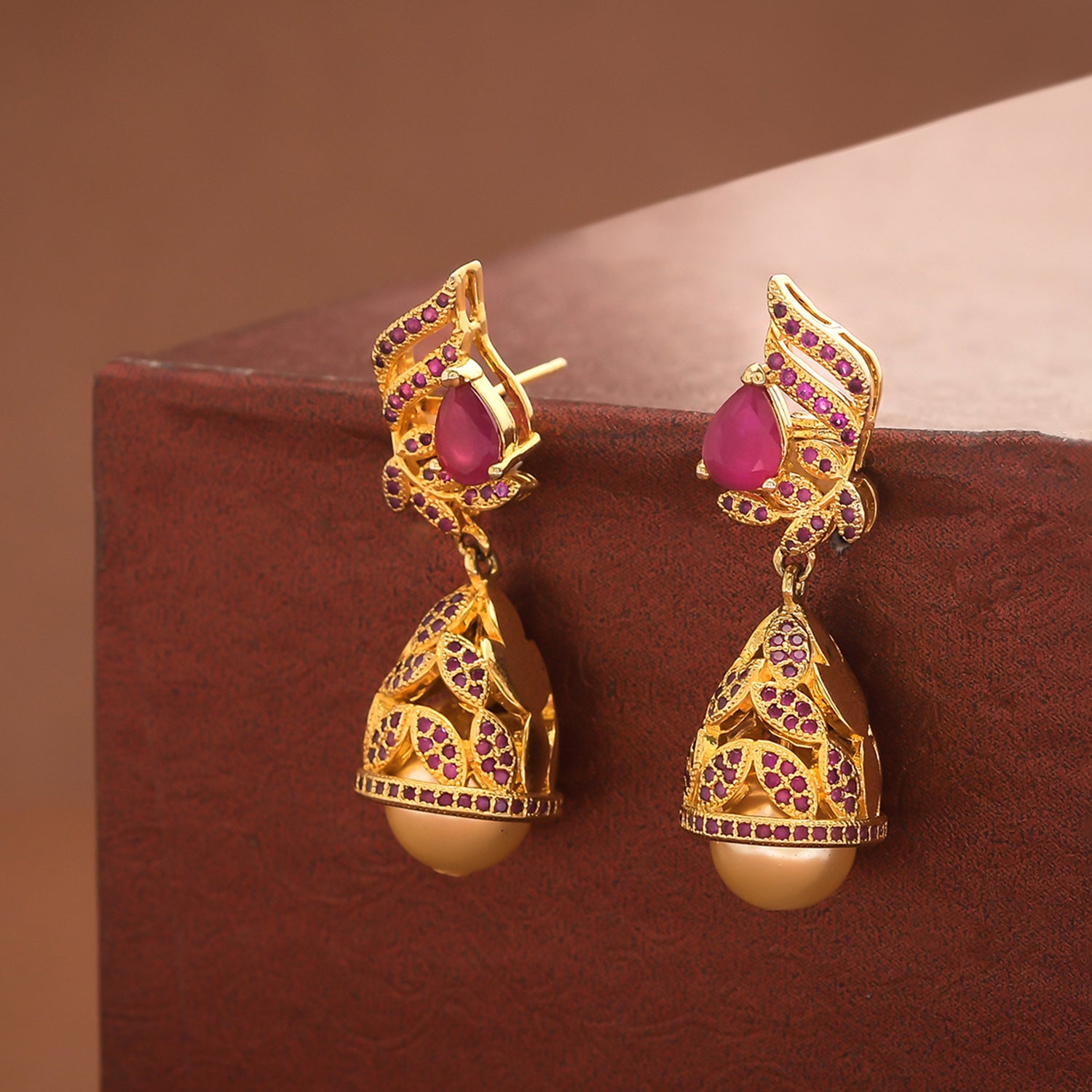 CZ Traditional Gold Plated Red Jhumka Earrings – VOYLLA