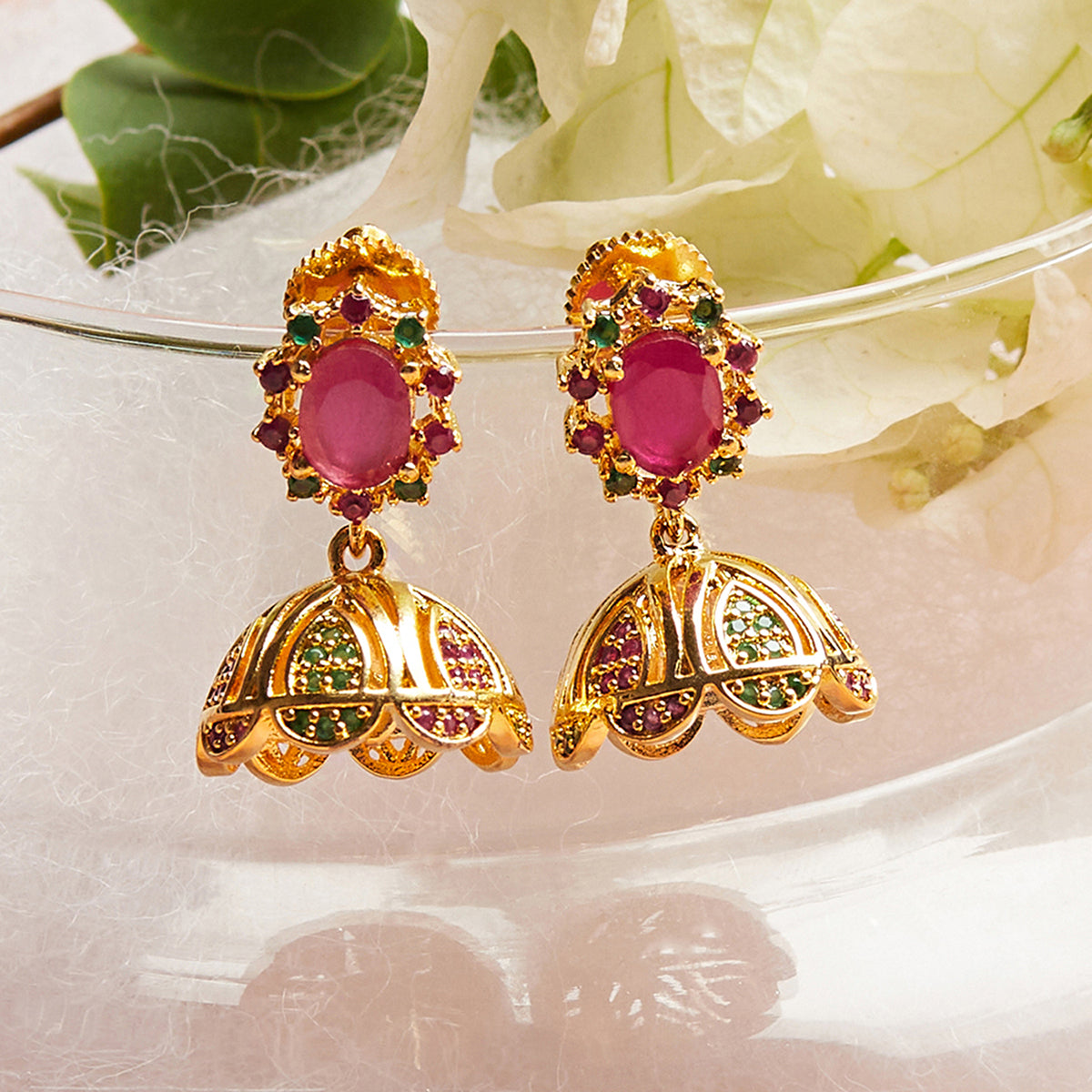 Jhumki Style Earrings with Pink Stones