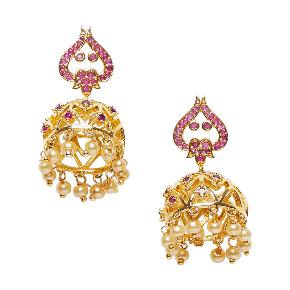American Diamond CZ Traditional Gold Plated Red Brass Jhumka Earrings for Women