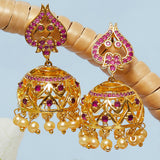American Diamond CZ Traditional Gold Plated Red Brass Jhumka Earrings for Women