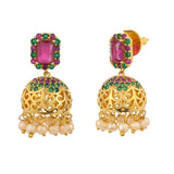 CZ Traditional Gold Plated Red & Green Jhumka Earrings