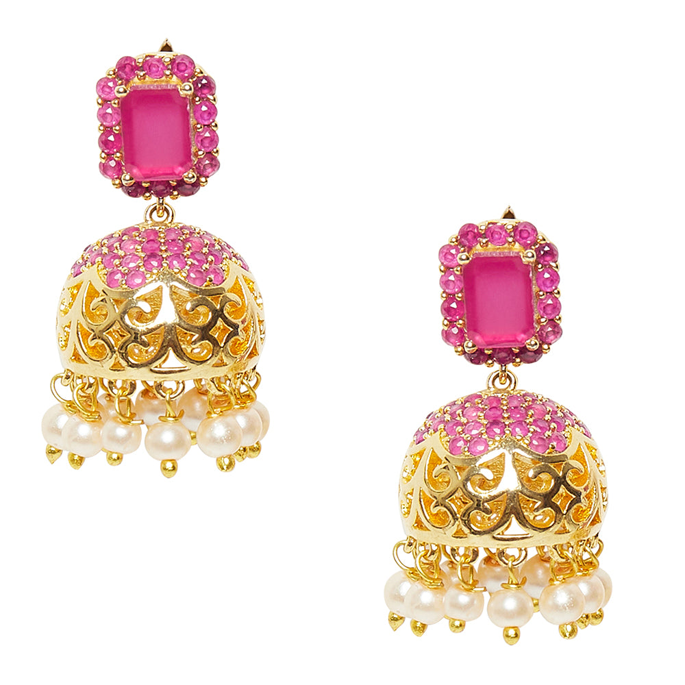 Gold Pink Jhumkis With Pearls