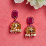 Gold Pink Jhumkis With Pearls