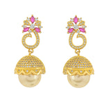 CZ Traditional Gold Plated Red & White Jhumka Earrings