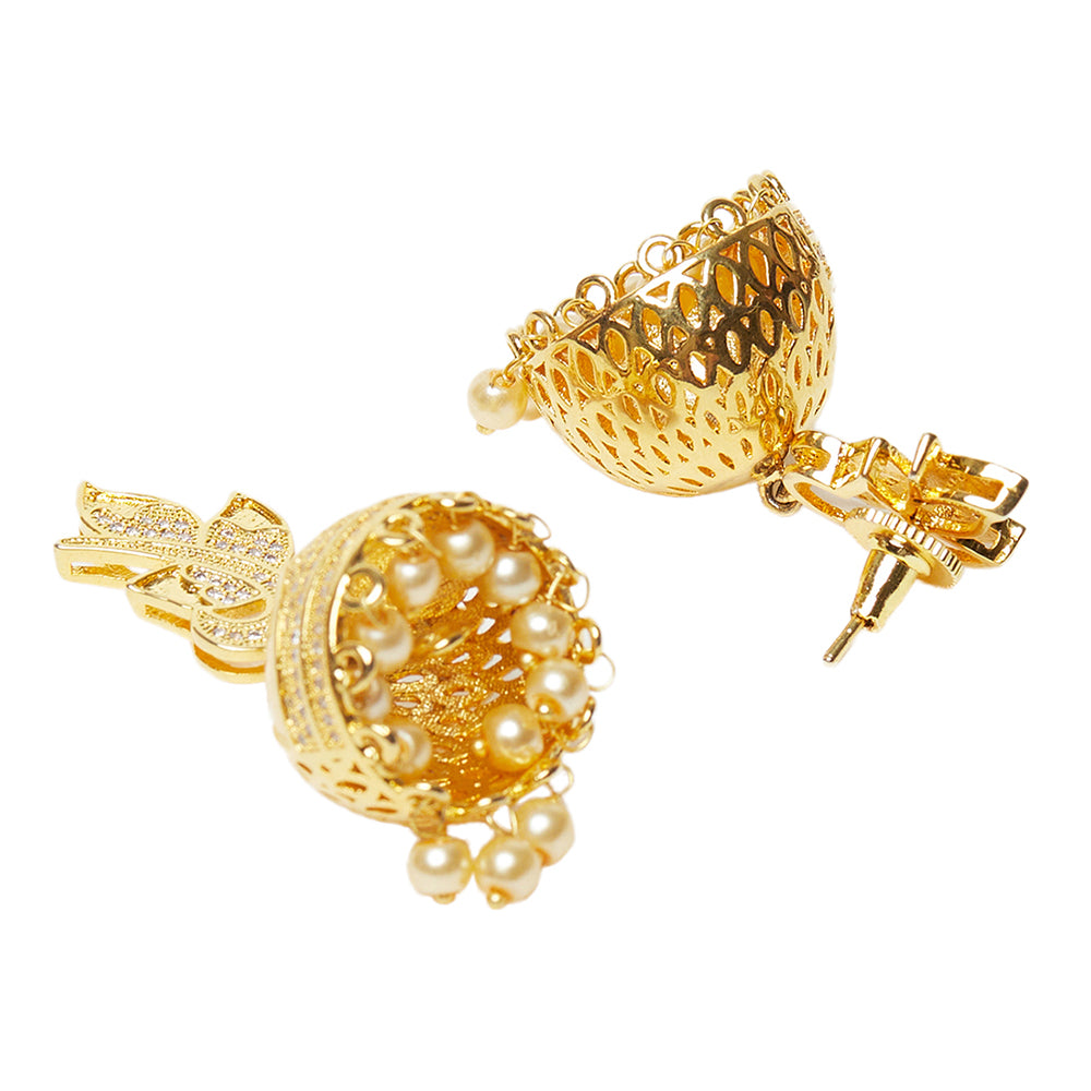 American Diamond CZ Traditional Gold Plated White Brass Jhumka Earrings for Women