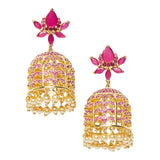 American Diamond CZ Traditional Gold Plated Red Brass Jhumka Earrings for Women