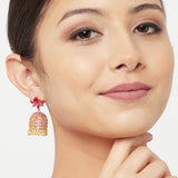 American Diamond CZ Traditional Gold Plated Red Brass Jhumka Earrings for Women