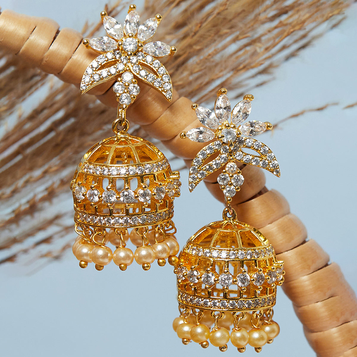 Kundan Elegance Dainty Pearls and Faux Kundan Jhumka Earrings – VOYLLA