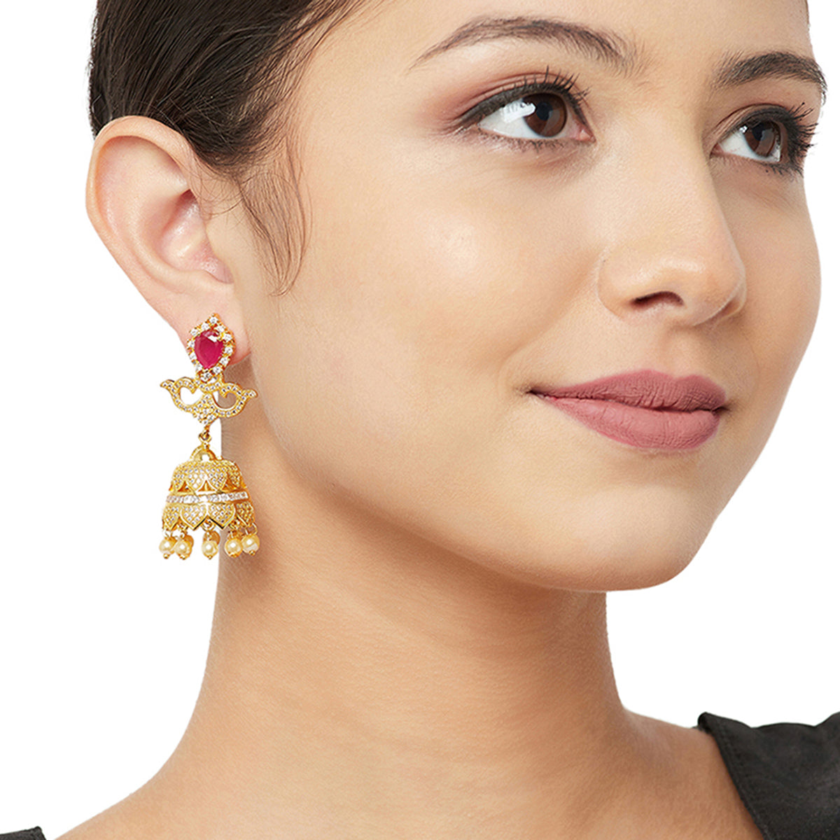 American Diamond CZ Traditional Gold Plated Red & White Brass Jhumka Earrings for Women