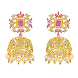 CZ Traditional Gold Plated Red & White Jhumka Earrings