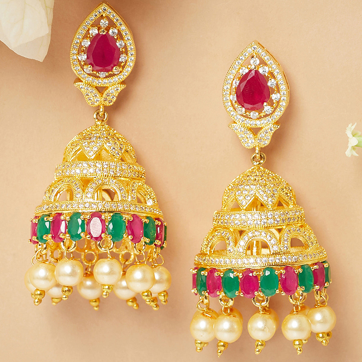 CZ Traditional Gold Plated Red & Green Jhumka Earrings