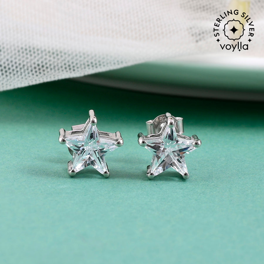 925 Sterling Silver CZ White Stone Star Shaped Stud Earrings