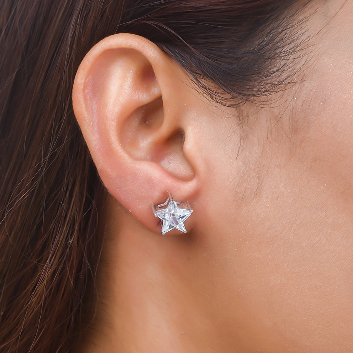 925 Sterling Silver CZ White Stone Star Shaped Stud Earrings