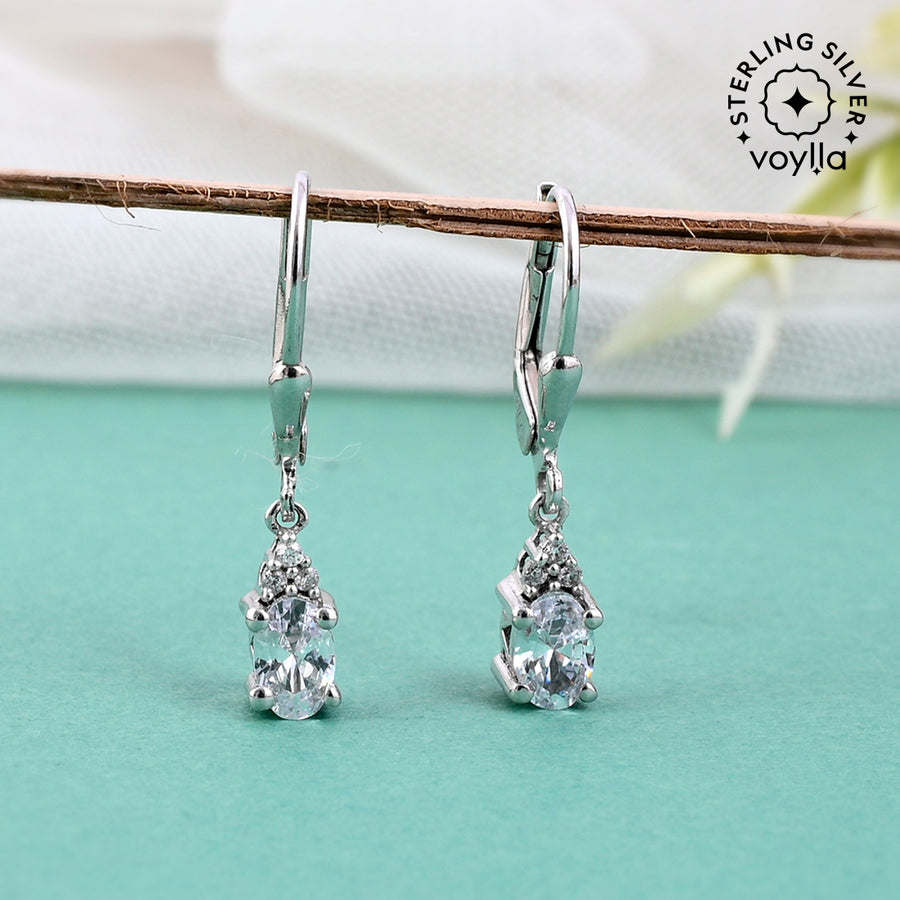 925 Sterling Silver CZ Drop Earrings with White Stone