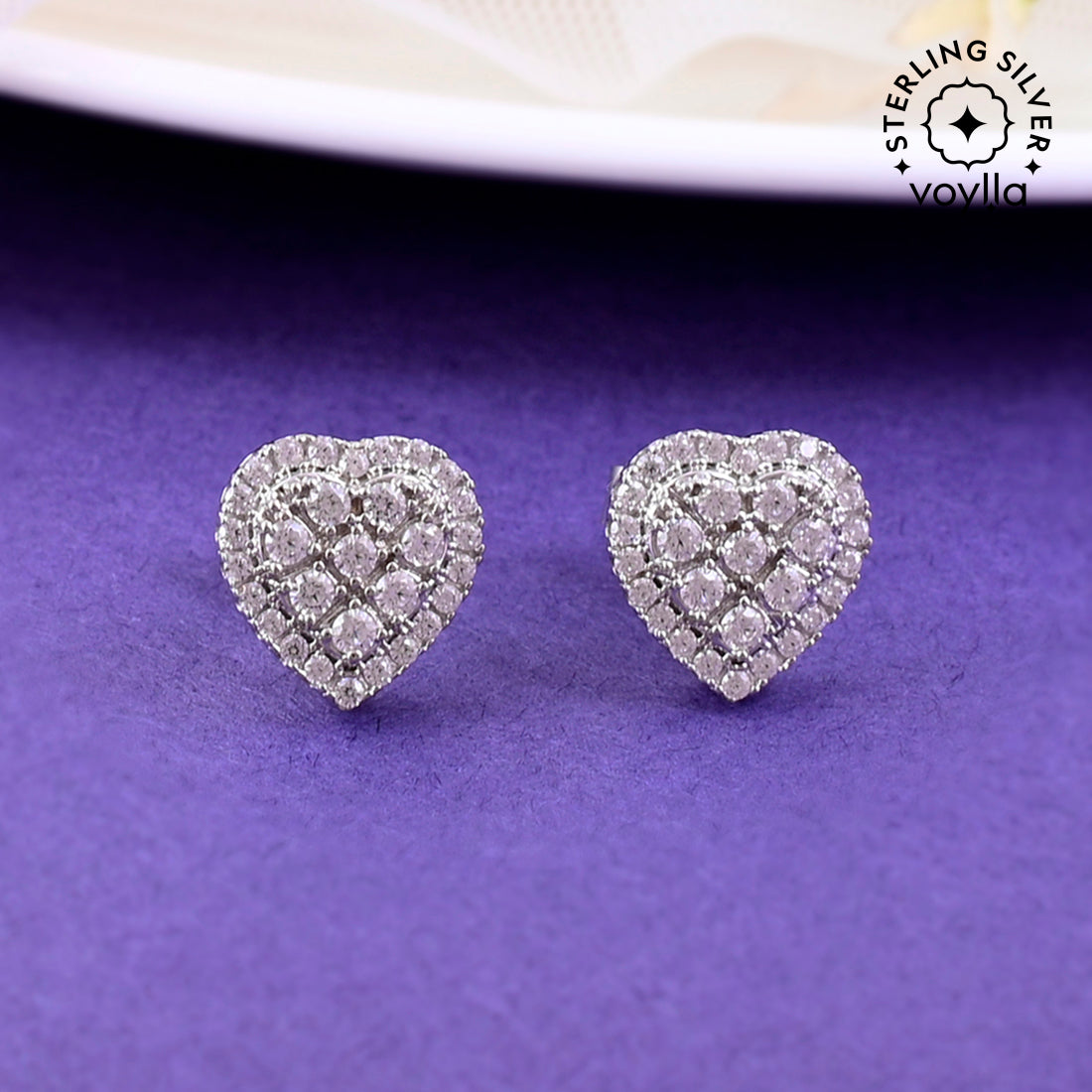 Buy heart earrings for women in silver with diamond look AD