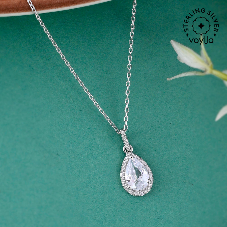 925 Sterling Silver CZ Pearl Shaped Pendant with Chain