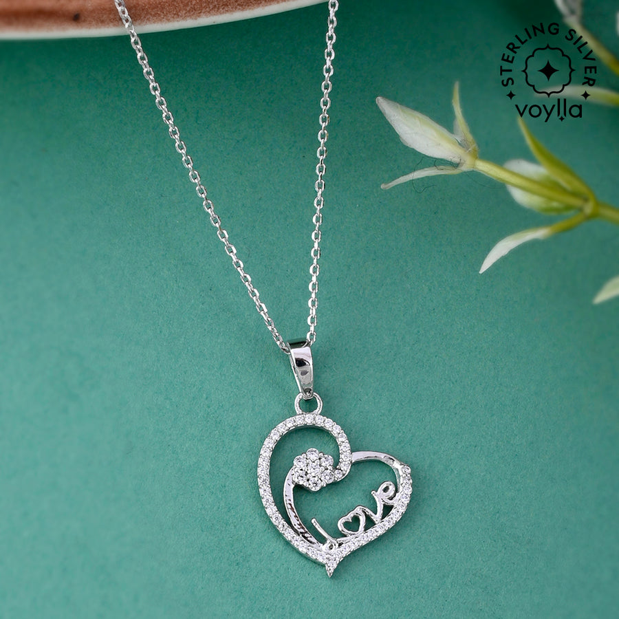 925 Sterling Silver CZ Heart Pendant with Chain | Voylla